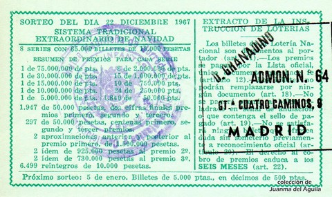 Reverso del décimo de Lotería Nacional de 1967 Sorteo 36