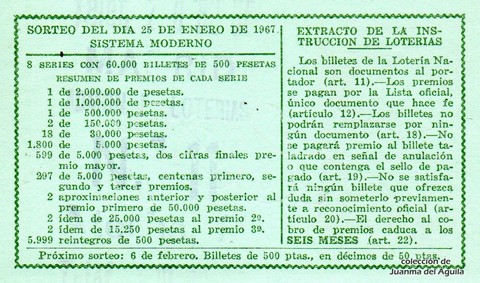 Reverso del décimo de Lotería Nacional de 1967 Sorteo 3