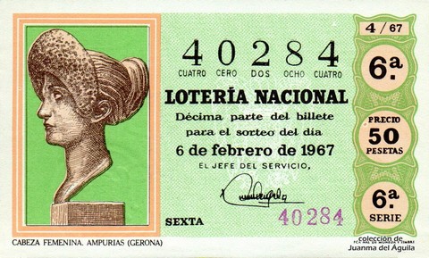 Décimo de Lotería Nacional de 1967 Sorteo 4 - CABEZA FEMENINA. AMPURIAS (GERONA)