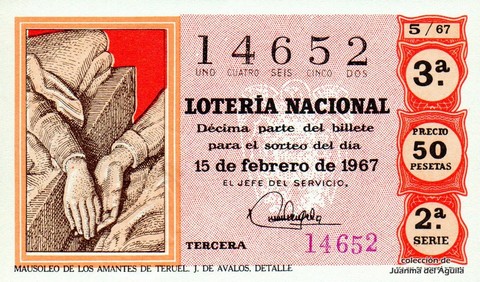 Décimo de Lotería Nacional de 1967 Sorteo 5 - MAUSOLEO DE LOS AMANTES DE TERUEL. J. DE AVALOS. DETALLE
