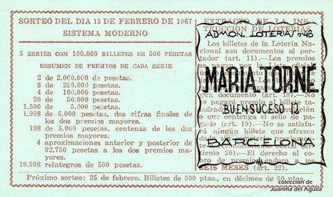 Reverso del décimo de Lotería Nacional de 1967 Sorteo 5