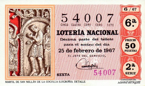 Décimo de Lotería Nacional de 1967 Sorteo 6 - MARFIL DE SAN MILLÁN DE LA COGOLLA (LOGROÑO). DETALLE