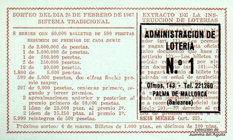Reverso décimo de Lotería 1967 / 6