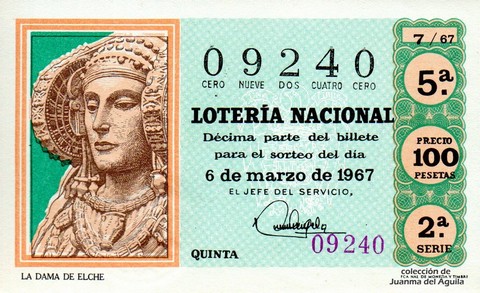 Décimo de Lotería Nacional de 1967 Sorteo 7 - LA DAMA DE ELCHE