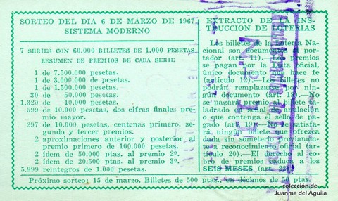 Reverso del décimo de Lotería Nacional de 1967 Sorteo 7