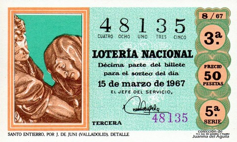 Décimo de Lotería Nacional de 1967 Sorteo 8 - SANTO ENTIERRO, POR J. DE JUNI (VALLADOLID). DETALLE