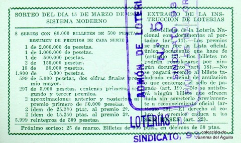 Reverso del décimo de Lotería Nacional de 1967 Sorteo 8