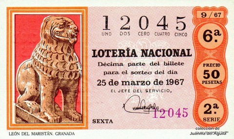 Décimo de Lotería Nacional de 1967 Sorteo 9 - LEÓN DEL MARISTÁN. GRANADA