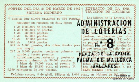 Reverso del décimo de Lotería Nacional de 1967 Sorteo 9