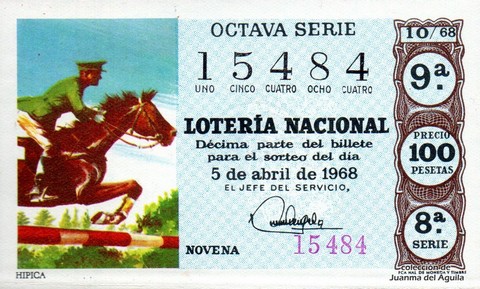 Décimo de Lotería Nacional de 1968 Sorteo 10 - HIPICA