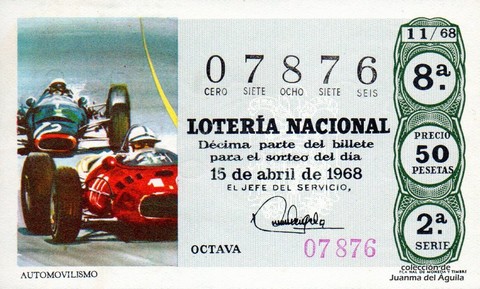 Décimo de Lotería Nacional de 1968 Sorteo 11 - AUTOMOVILISMO