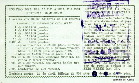 Reverso décimo de Lotería 1968 / 11