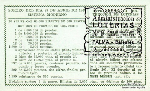 Reverso décimo de Lotería 1968 / 12