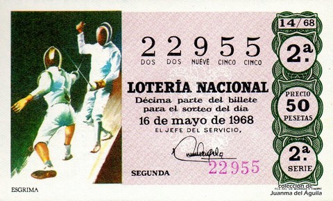 Décimo de Lotería Nacional de 1968 Sorteo 14 - ESGRIMA