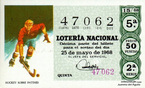 Décimo de Lotería Nacional de 1968 Sorteo 15 - HOCKEY SOBRE PATINES