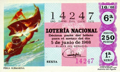 Décimo de Lotería Nacional de 1968 Sorteo 16 - PESCA SUBMARINA