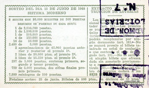Reverso décimo de Lotería 1968 / 17