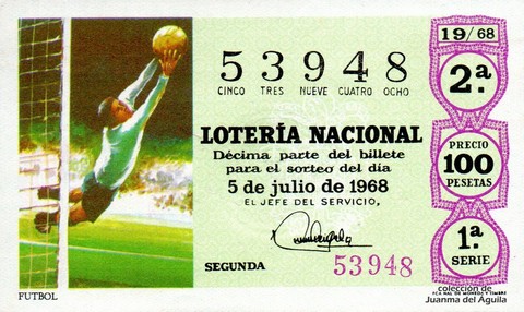 Décimo de Lotería Nacional de 1968 Sorteo 19 - FUTBOL