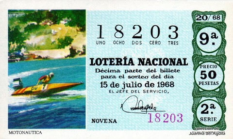 Décimo de Lotería Nacional de 1968 Sorteo 20 - MOTONAUTICA
