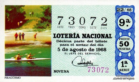 Décimo de Lotería Nacional de 1968 Sorteo 22 - PIRAGÜISMO