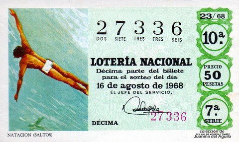 Décimo de Lotería Nacional de 1968 Sorteo 23 - NATACION (SALTOS)