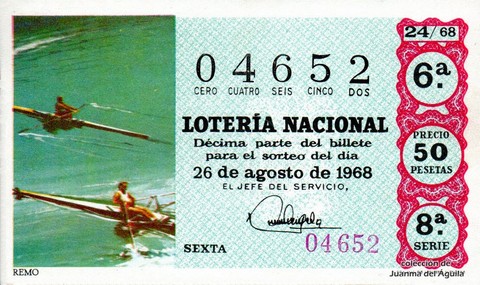 Décimo de Lotería Nacional de 1968 Sorteo 24 - REMO