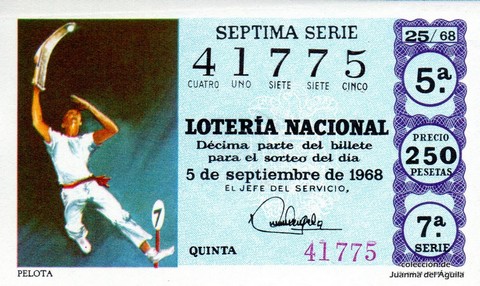 Décimo de Lotería Nacional de 1968 Sorteo 25 - PELOTA