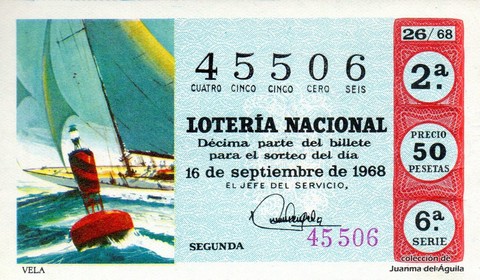 Décimo de Lotería Nacional de 1968 Sorteo 26 - VELA