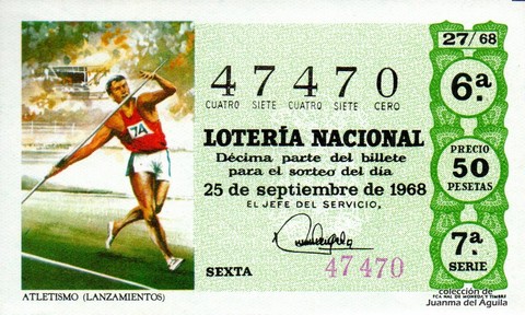 Décimo de Lotería Nacional de 1968 Sorteo 27 - ATLETISMO (LANZAMIENTOS)