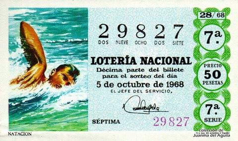 Décimo de Lotería Nacional de 1968 Sorteo 28 - NATACION
