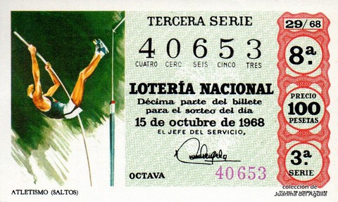 Décimo de Lotería Nacional de 1968 Sorteo 29 - ATLETISMO (SALTOS)