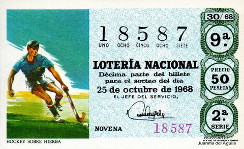 Décimo de Lotería Nacional de 1968 Sorteo 30 - HOCKEY SOBRE HIERBA