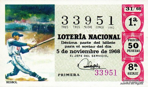 Décimo de Lotería Nacional de 1968 Sorteo 31 - BEISBOL