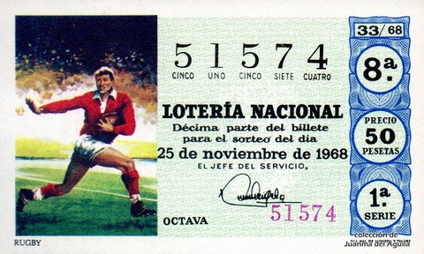 Décimo de Lotería Nacional de 1968 Sorteo 33 - RUGBY