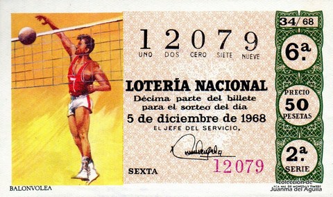 Décimo de Lotería Nacional de 1968 Sorteo 34 - BALONVOLEA
