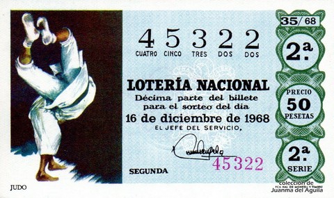 Décimo de Lotería Nacional de 1968 Sorteo 35 - JUDO