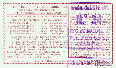 Reverso décimo de Lotería 1968 / 36