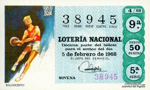 Décimo de Lotería Nacional de 1968 Sorteo 4 - BALONCESTO
