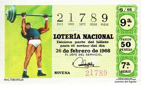 Décimo de Lotería Nacional de 1968 Sorteo 6 - HALTEROFILIA
