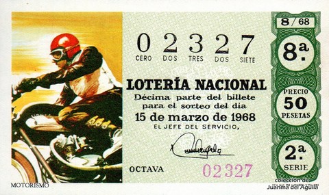 Décimo de Lotería Nacional de 1968 Sorteo 8 - MOTORISMO
