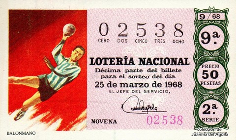 Décimo de Lotería Nacional de 1968 Sorteo 9 - BALONMANO