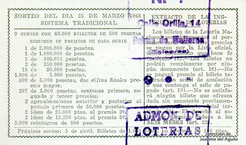 Reverso décimo de Lotería 1968 / 9