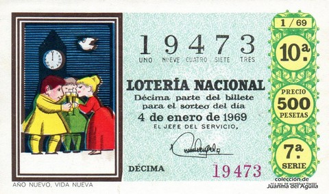Décimo de Lotería Nacional de 1969 Sorteo 1 - AÑO NUEVO, VIDA NUEVA