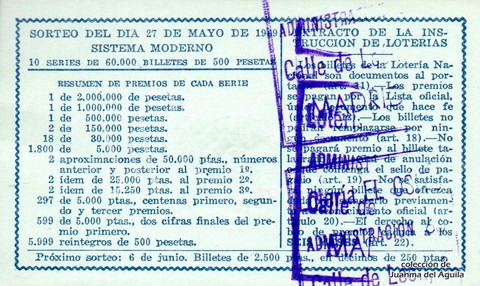 Reverso décimo de Lotería 1969 / 15