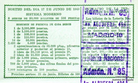 Reverso décimo de Lotería 1969 / 17
