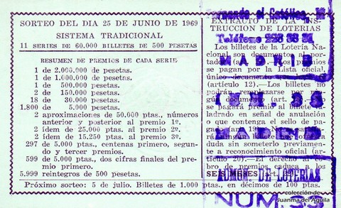 Reverso del décimo de Lotería Nacional de 1969 Sorteo 18