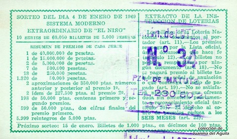 Reverso décimo de Lotería 1969 / 1