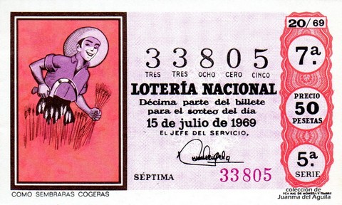 Décimo de Lotería Nacional de 1969 Sorteo 20 - COMO SEMBRARAS COGERAS