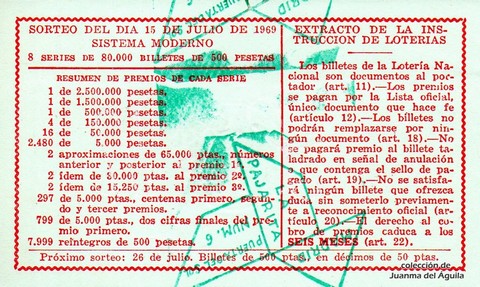 Reverso décimo de Lotería 1969 / 20