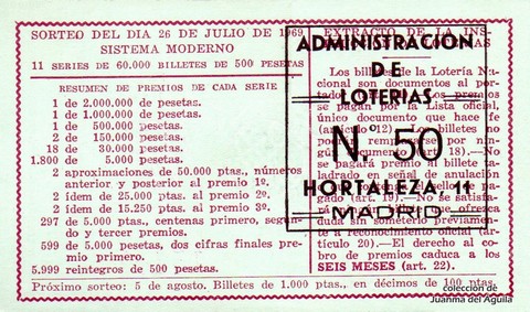 Reverso del décimo de Lotería Nacional de 1969 Sorteo 21